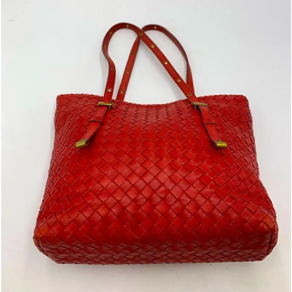 Auth Bottega Veneta Red Intrecciatp Napa Leather Tote Shoulder Bag Preloved